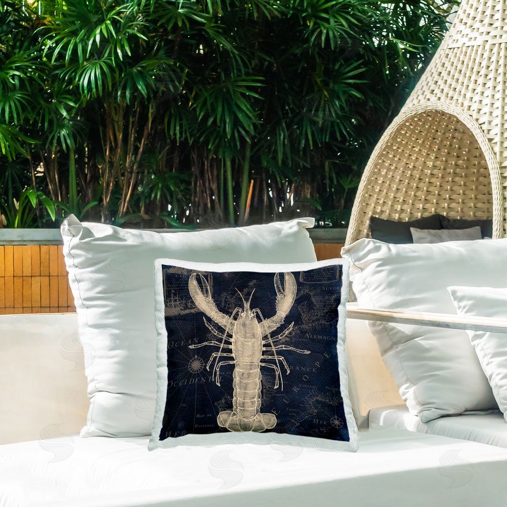 Sasha Lobster Contour over Map Square Printed Throw Pillow on Patio