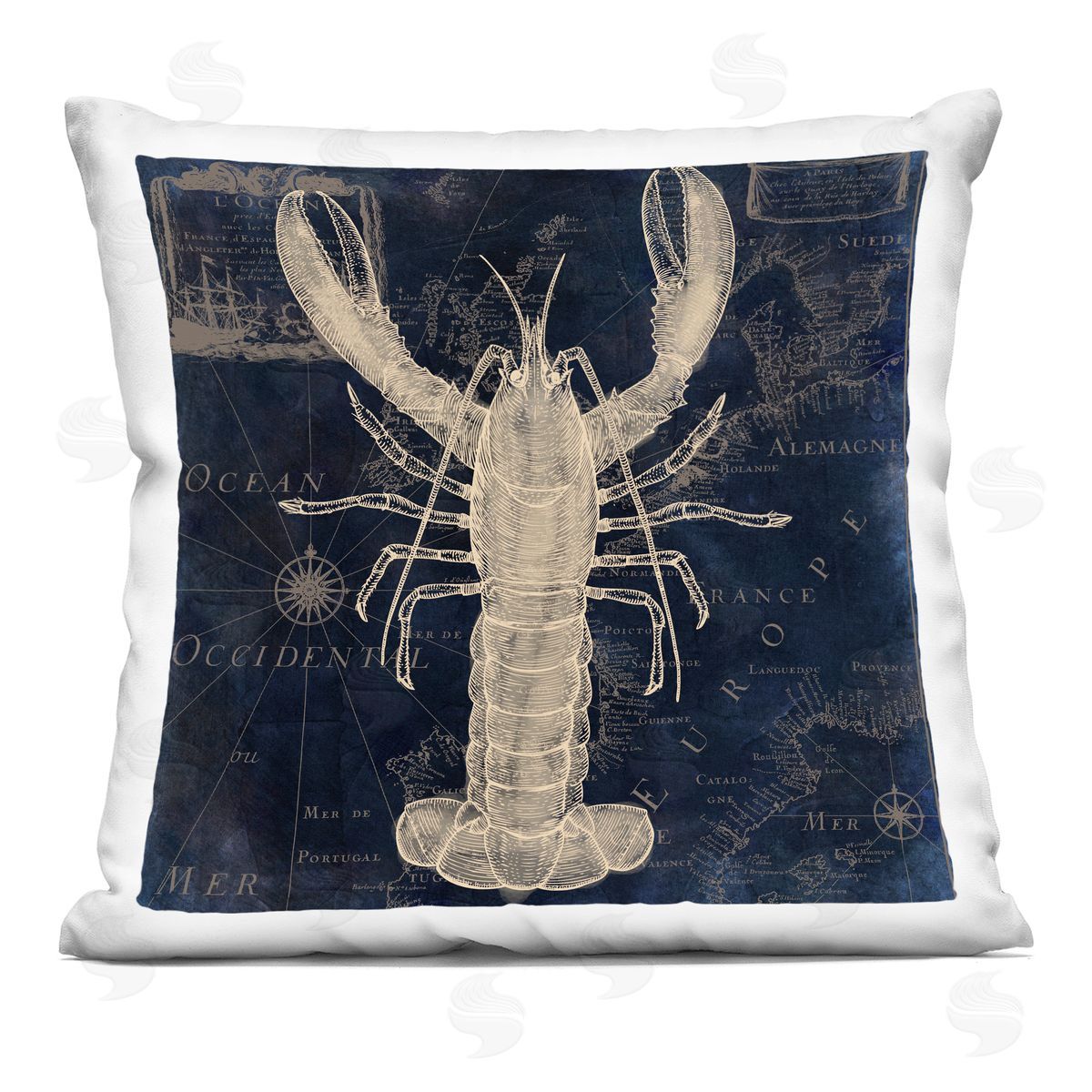 Sasha Lobster Contour over Map Square Printed Throw Pillow