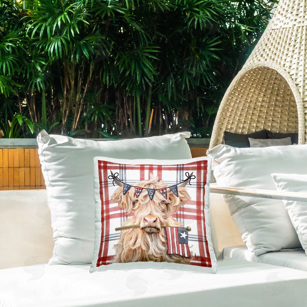 Ashley Bradley USA Plaid Highland Cattle Square Printed Throw Pillow on Patio