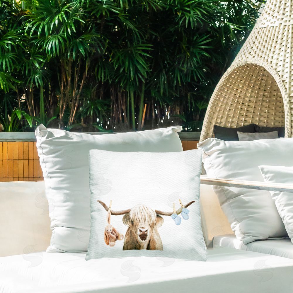 Ali Lynne Highland Cow Baby Boy Square Printed Throw Pillow on Patio