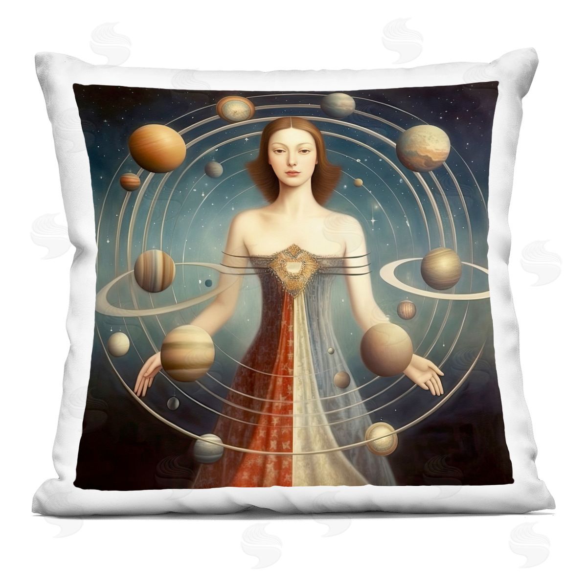 Sasha Galactic Orbits Woman Square Printed Throw Pillow