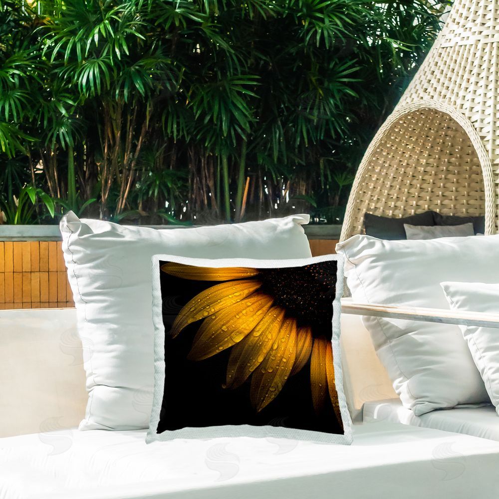 Brian Carson Photography Sunflower Detail with Droplets Square Printed Throw Pillow on Patio