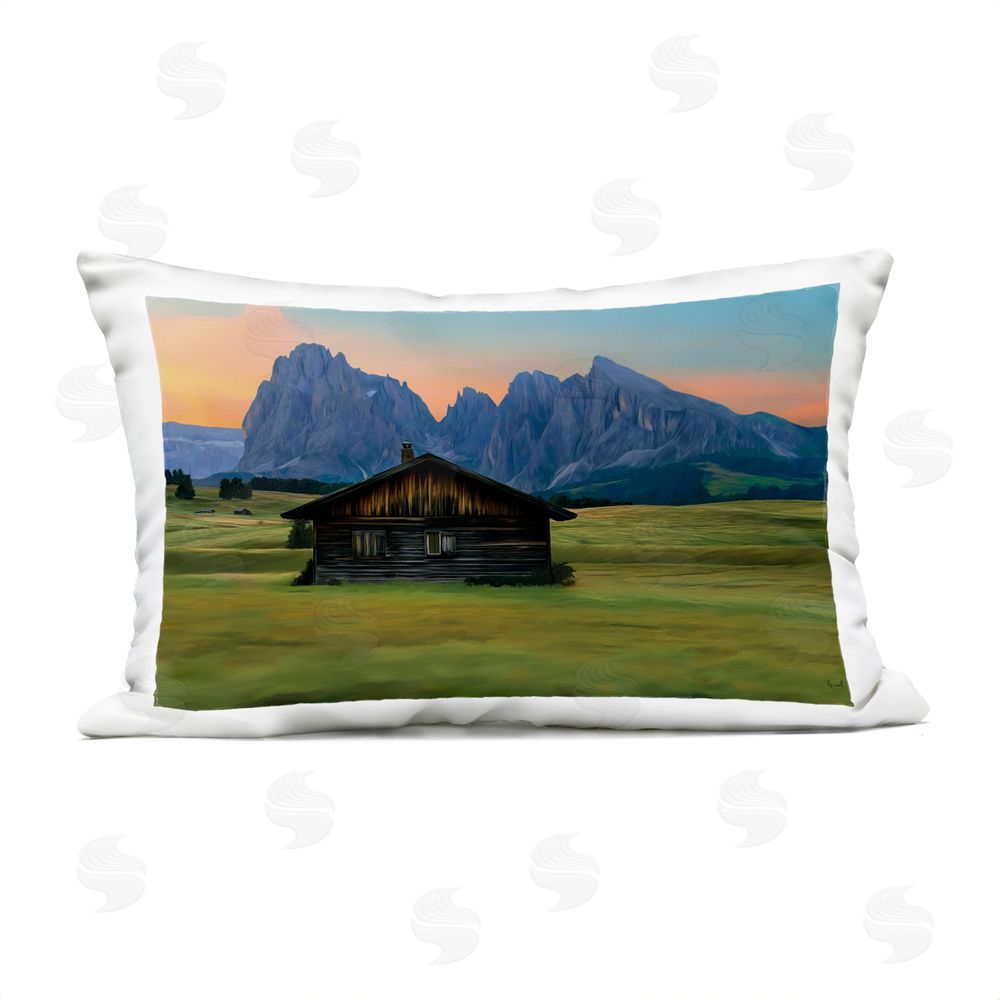 Renel Peters Solitary Cabin with Looming Cliffs Outdoor Printed Throw Pillow