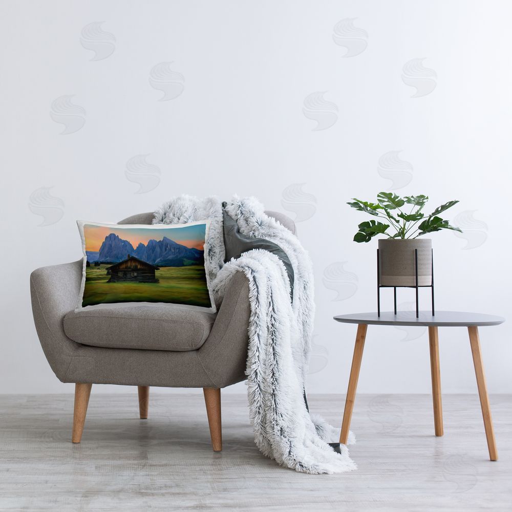 Renel Peters Solitary Cabin with Looming Cliffs Printed Throw Pillow in Room