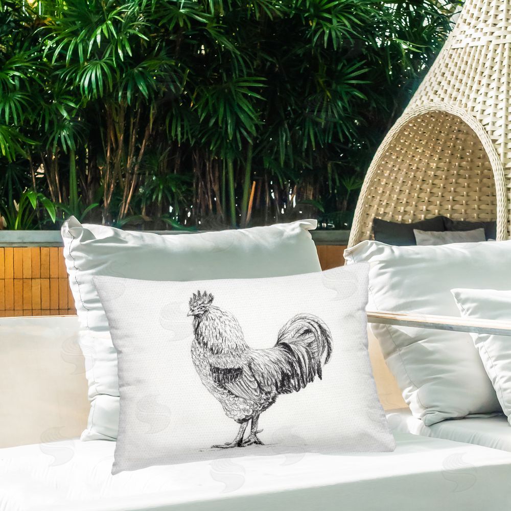 Leah Noel Art Rooster in Charcoal Printed Throw Pillow on Patio
