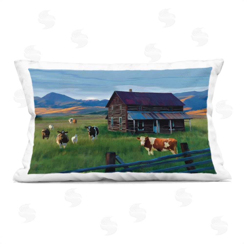 Renel Peters Grazing Cattle at Solitary Cabin Square Outdoor Quick-Dry Polyester Throw Pillow