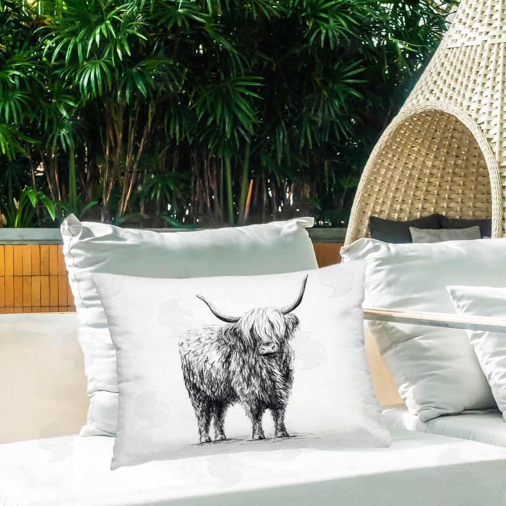 Leah Noel Art Highland Cow in Charcoal Printed Throw Pillow on Patio