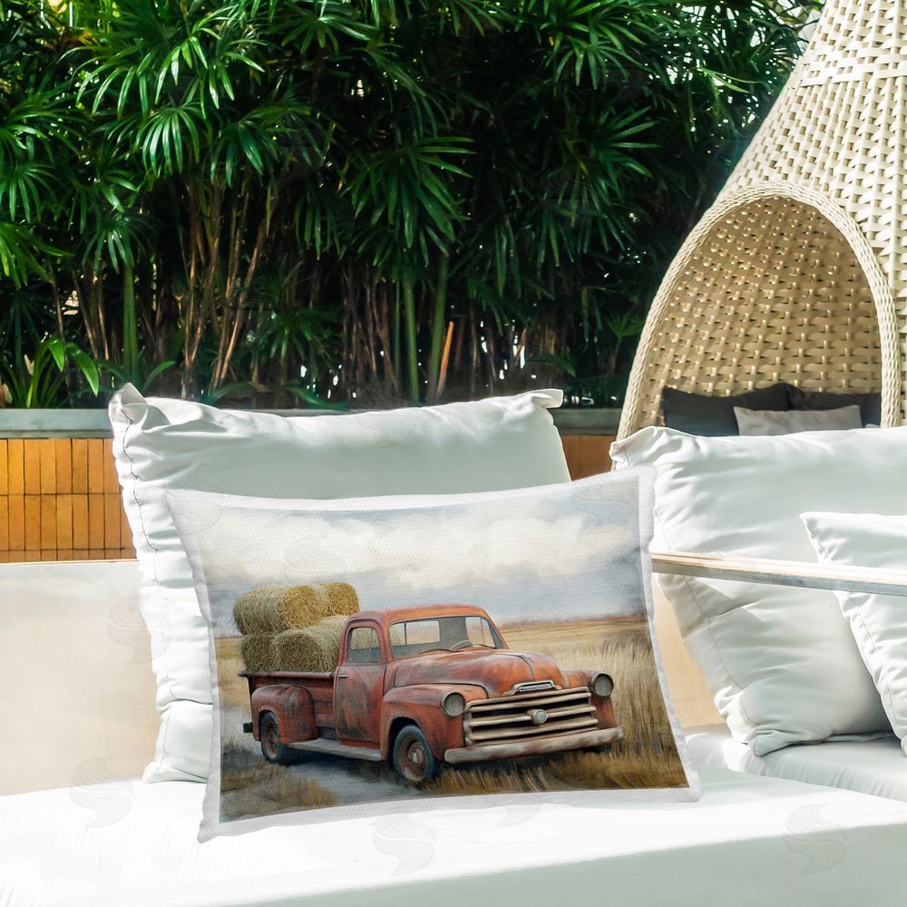 Kim Allen Hay Time Farm Truck Load Printed Throw Pillow on Patio