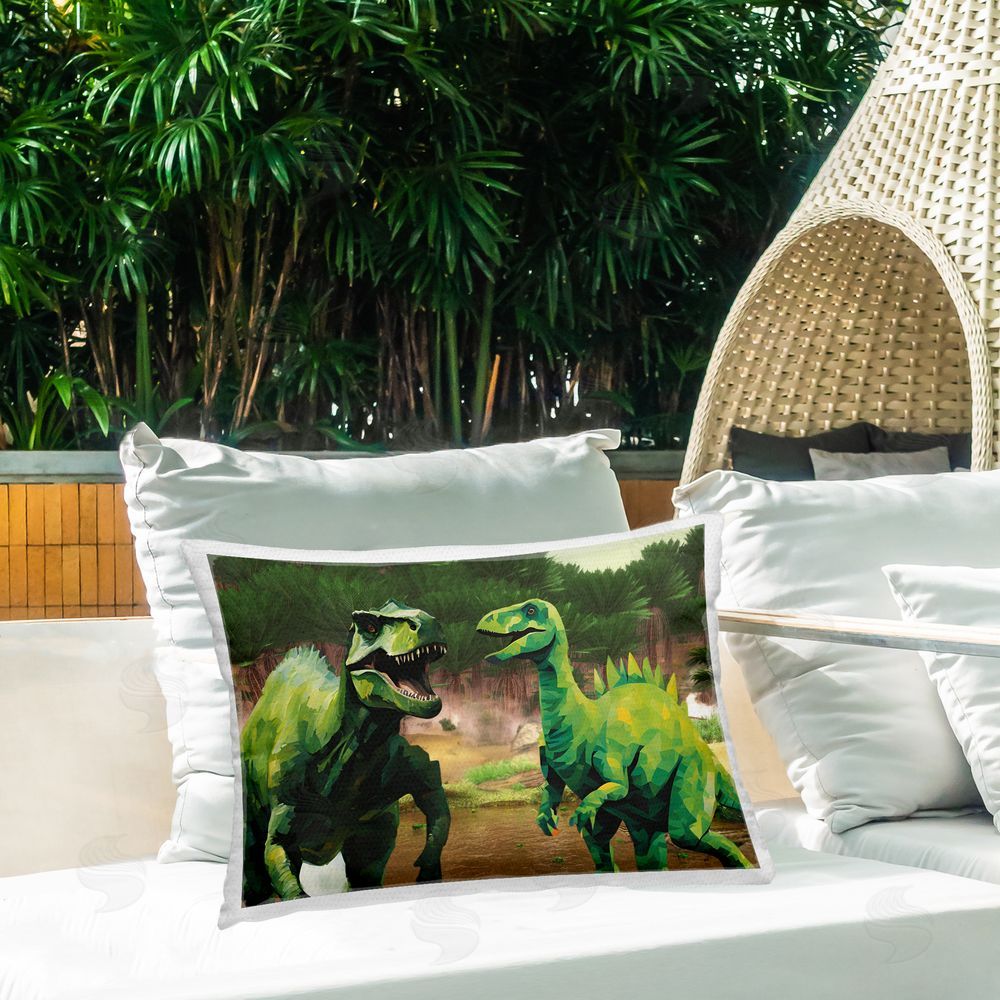 Jesse Keith Green Jungle Dinosaurs Printed Throw Pillow on Patio