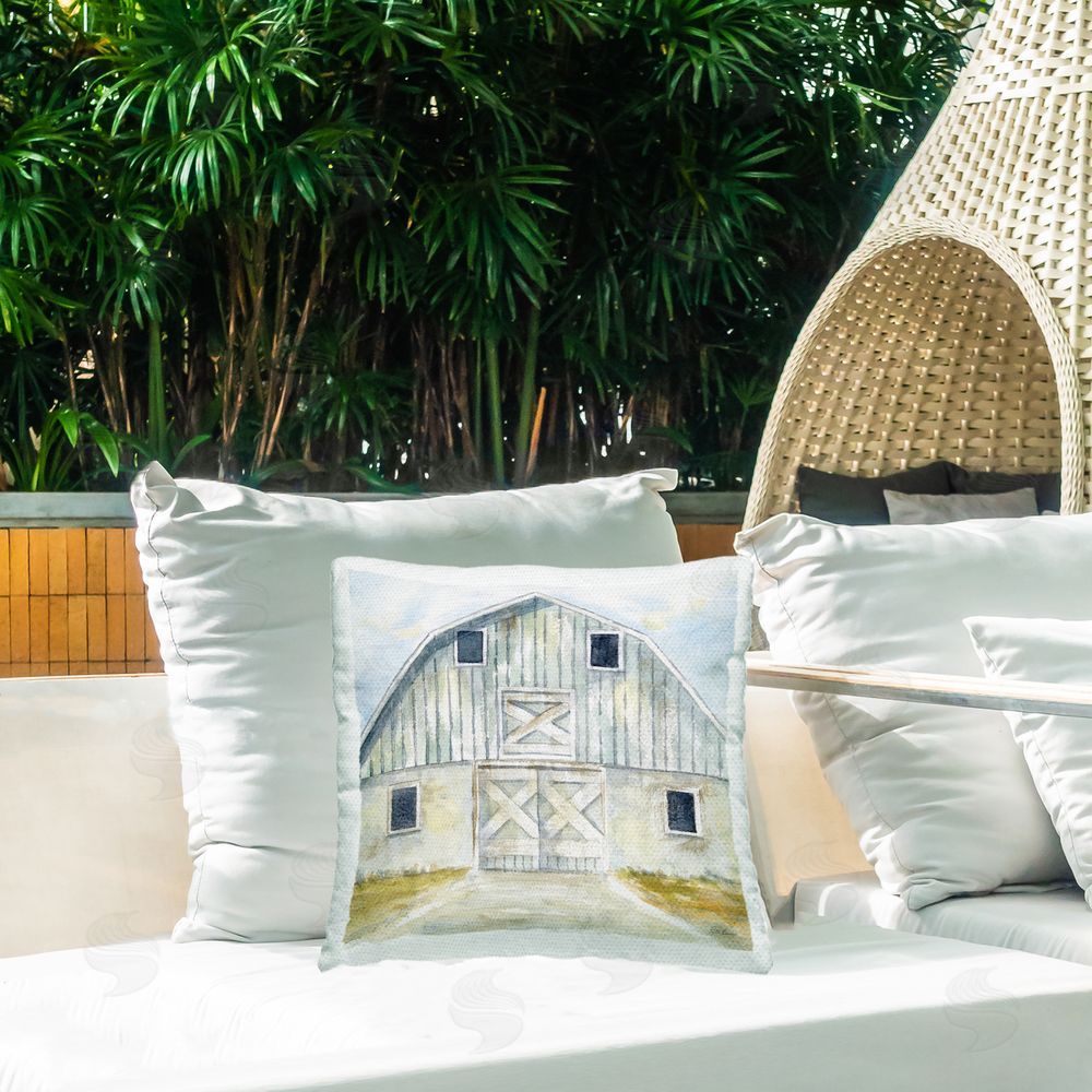 Patti Bishop Blue Gray Barn Outdoor Printed Throw Pillow on Patio