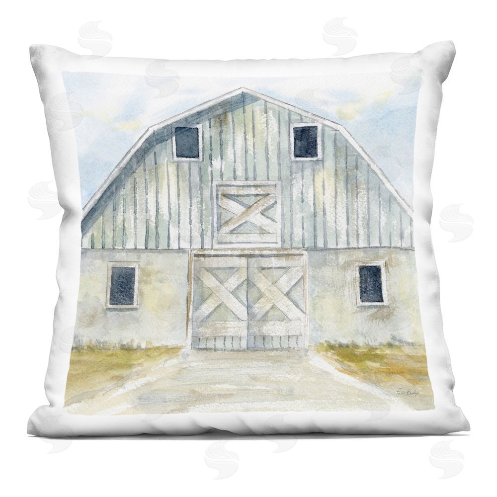Patti Bishop Blue Gray Barn Printed Throw Pillow