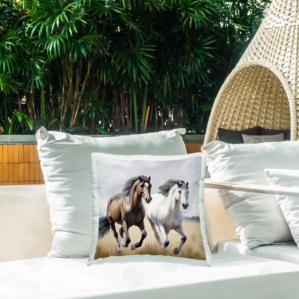 Kim Allen Wild Run Twin Horses Outdoor Printed Throw Pillow on Patio