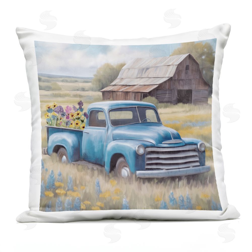 Kim Allen Flower Truck in Antique Blue Outdoor Printed Throw Pillow