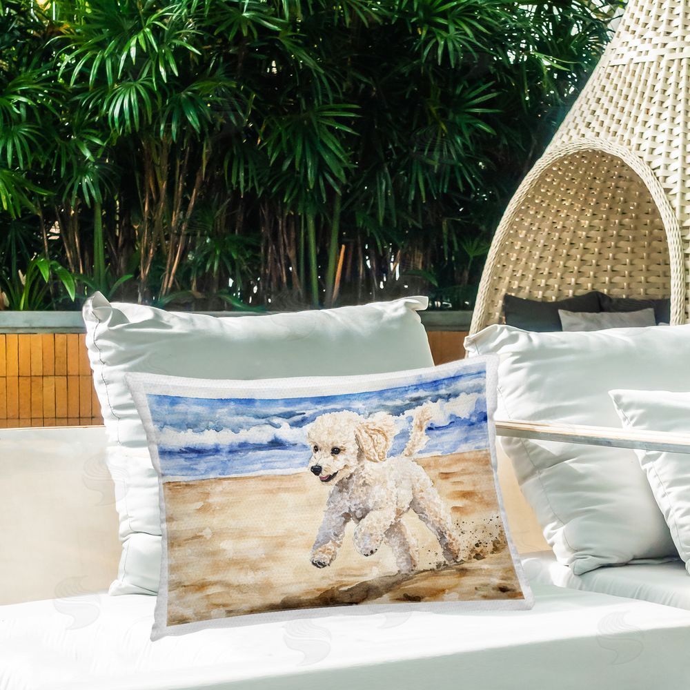Svetlana Aleynikova Poodle's Journey on Beach Printed Throw Pillow on Patio