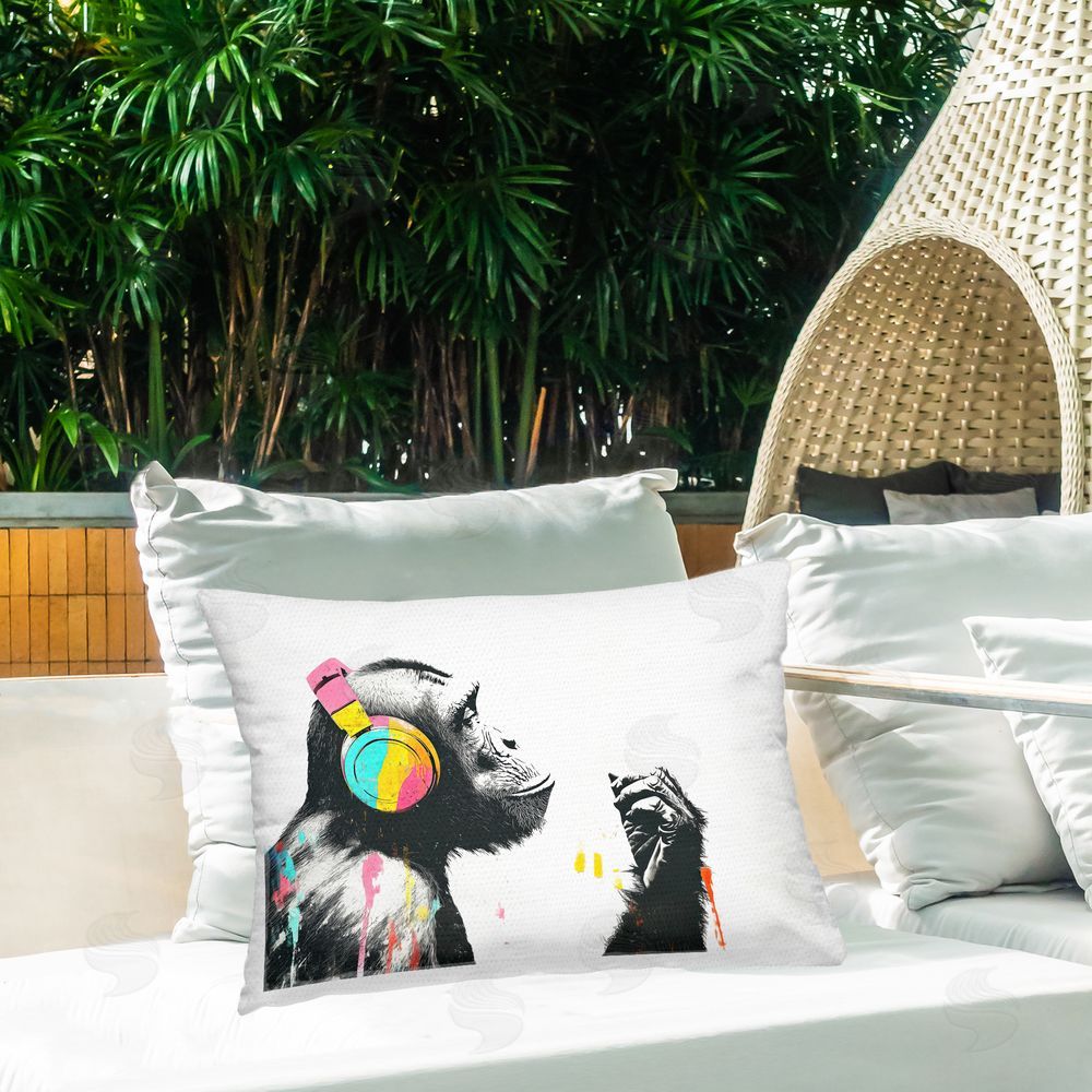 Svetlana Aleynikova Ape On Air Headphones Printed Throw Pillow on Patio