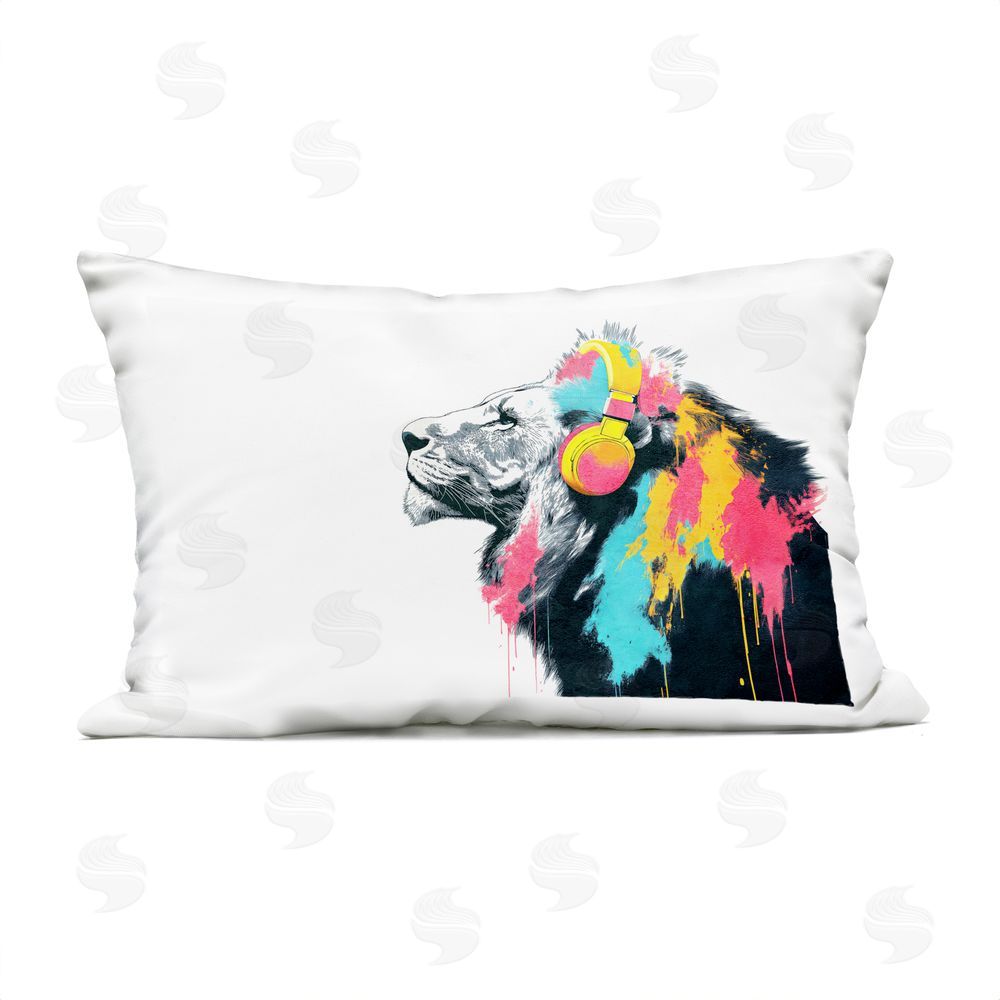 Svetlana Aleynikova Lion On Air Headphones Outdoor Printed Throw Pillow