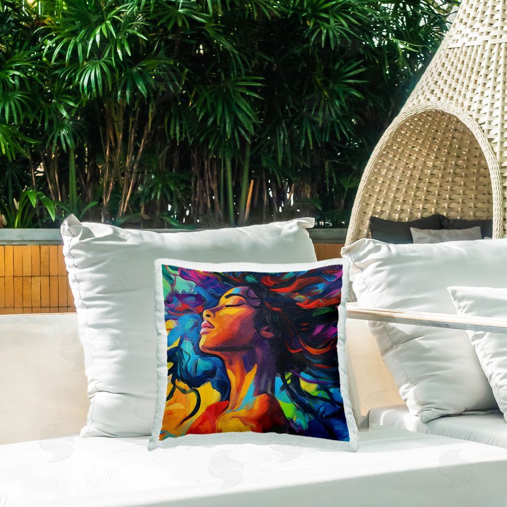 Svetlana Aleynikova Radiant Flow Woman Outdoor Printed Throw Pillow on Patio