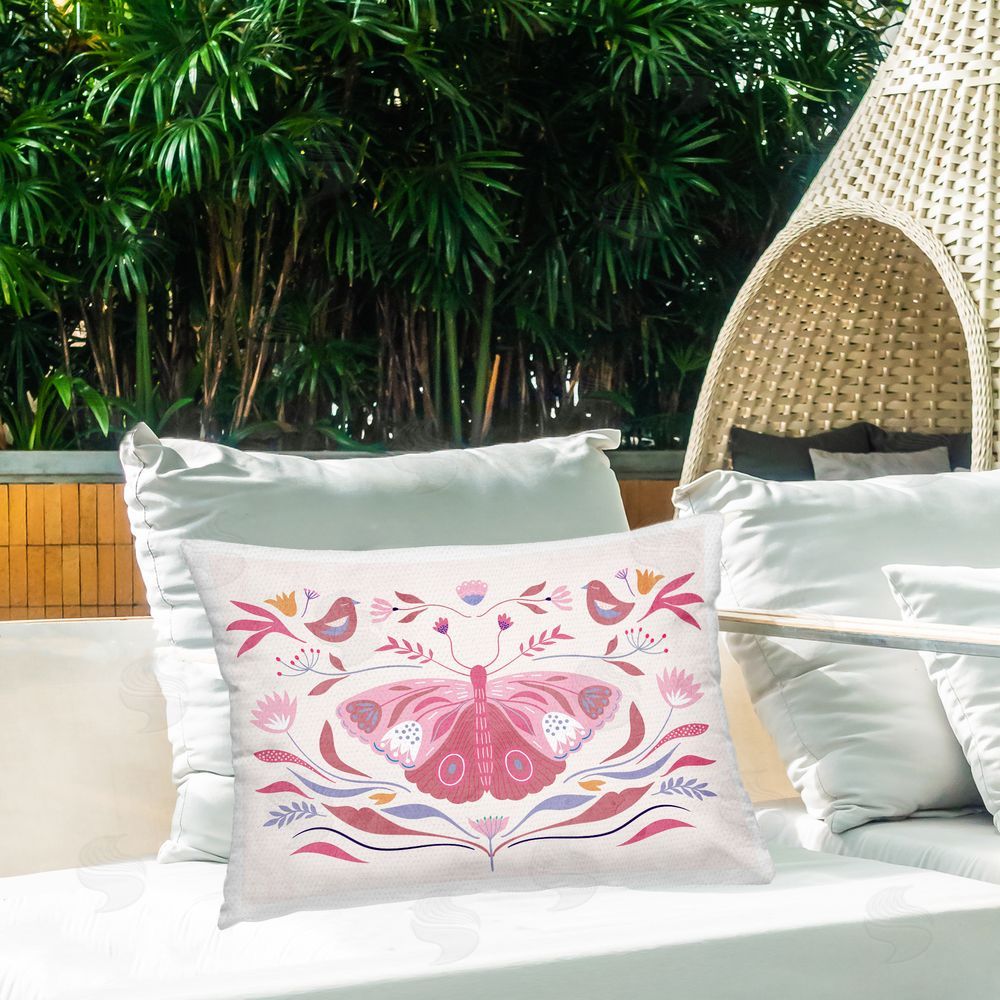 Kim Allen Pink Boho Butterfly Printed Throw Pillow on Patio