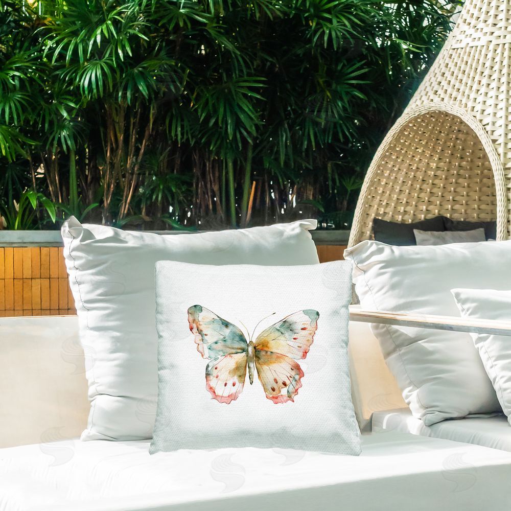 Kim Allen Muted Watercolor Butterfly Outdoor Printed Throw Pillow on Patio