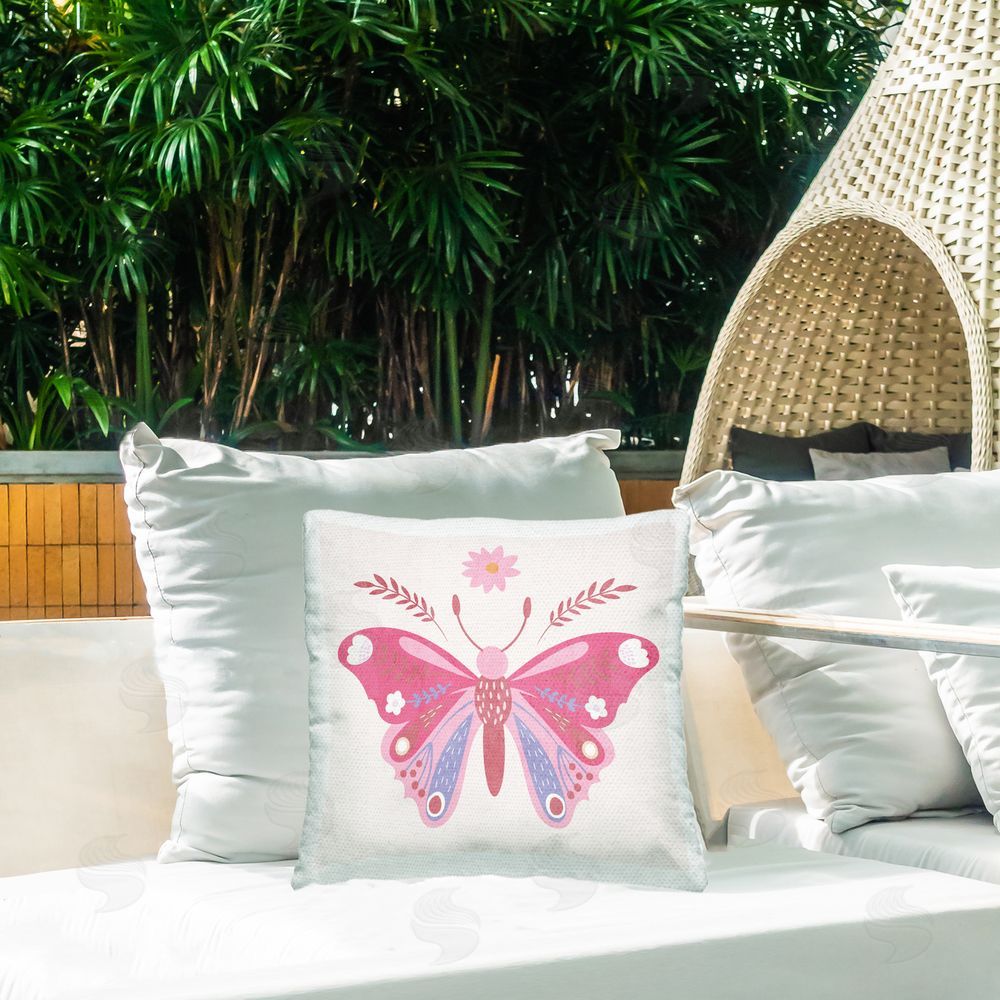 Kim Allen Folk Butterfly in Pink Outdoor Printed Throw Pillow on Patio
