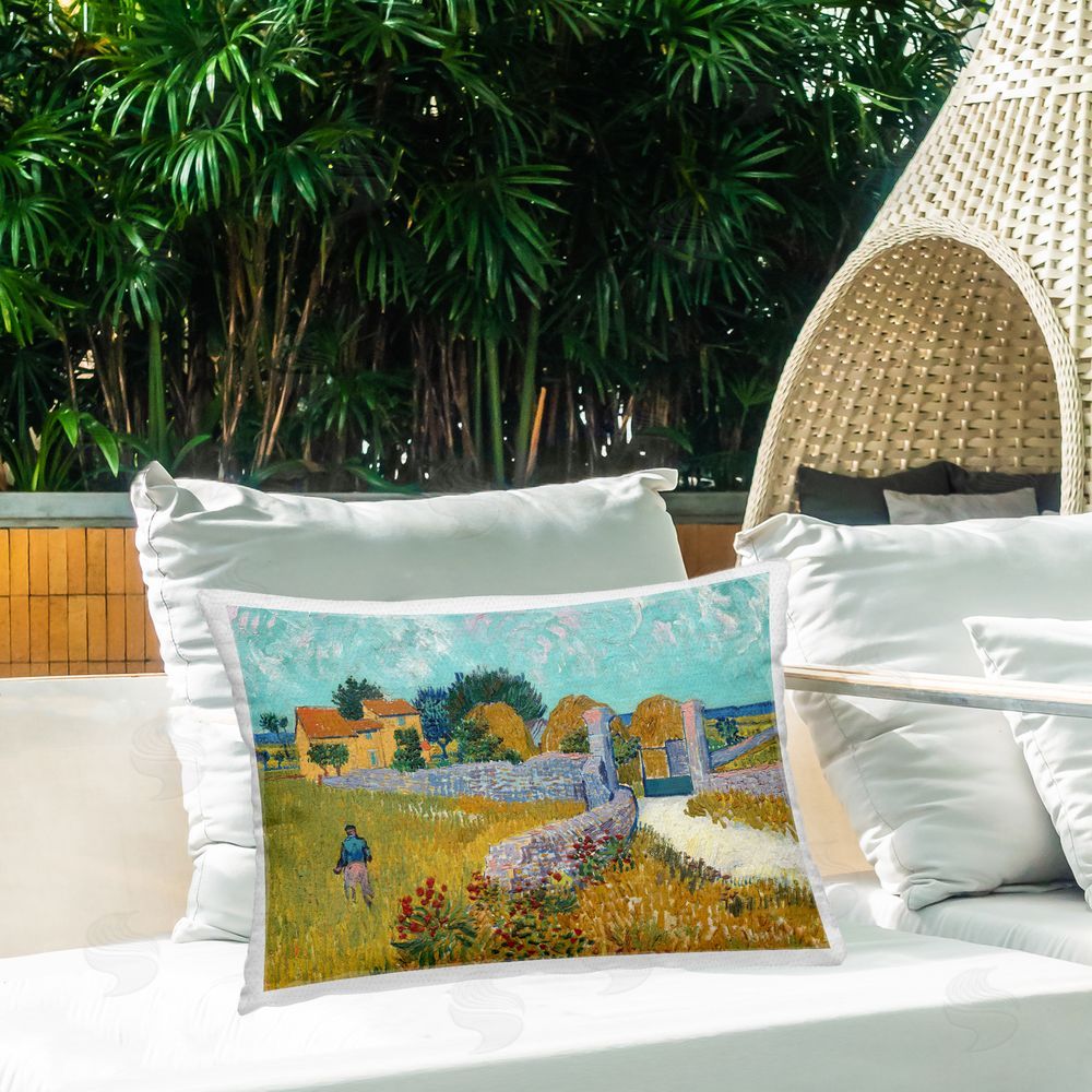 Vincent Van Gogh Farmhouse In Provence Printed Throw Pillow on Patio