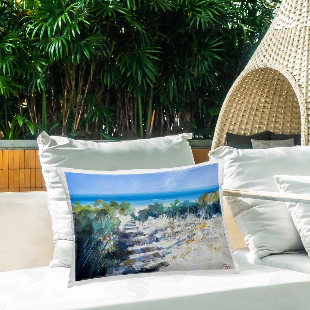 Craig Trewin Penny Beach Steps in Robe Printed Throw Pillow on Patio