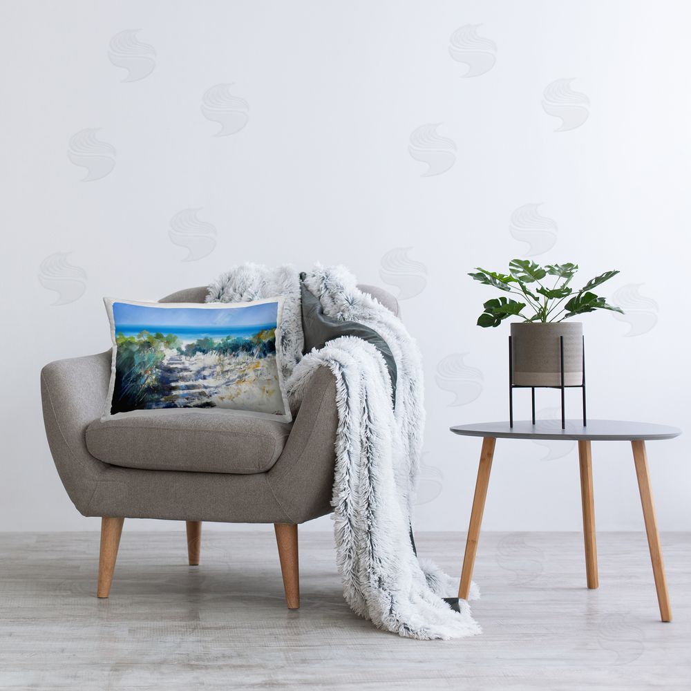 Craig Trewin Penny Beach Steps in Robe Printed Throw Pillow in Room