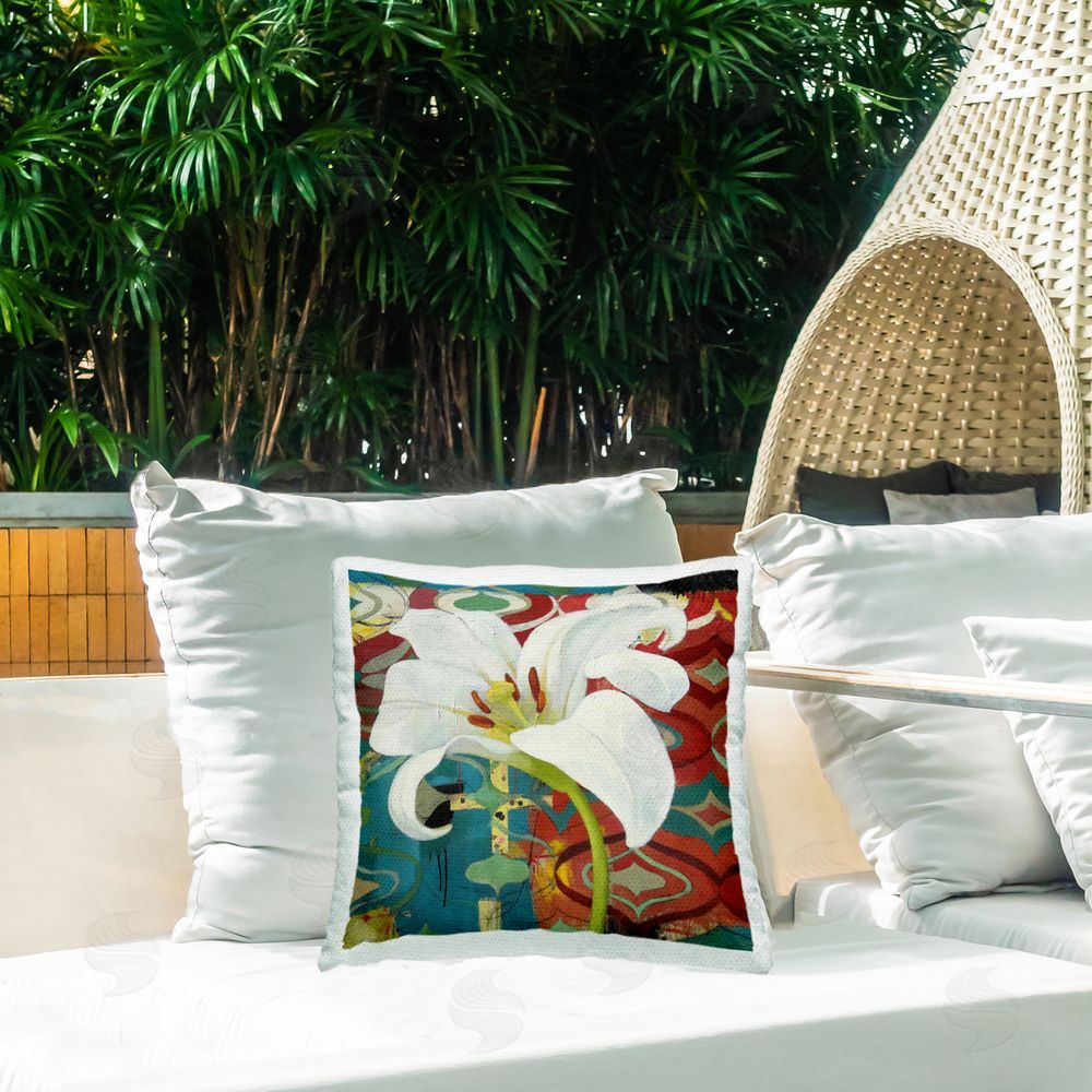 Pierre-Auguste Renoir In The Spotlight Lily Outdoor Printed Throw Pillow on Patio