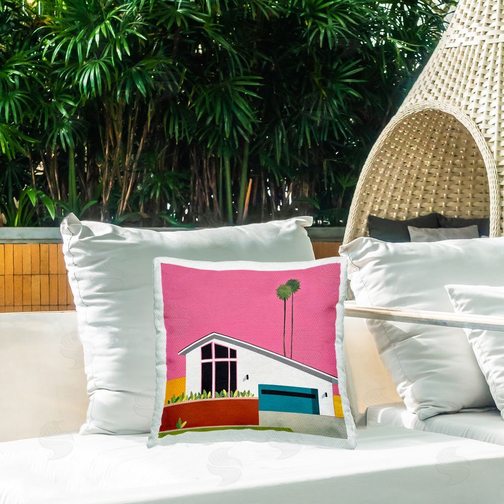 Jan Weiss Pink Sunkissed Suburbia Outdoor Printed Throw Pillow on Patio