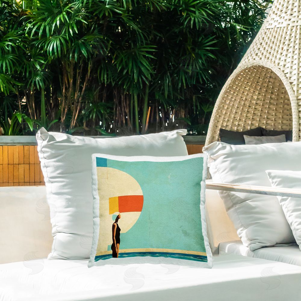 Layla Oz Midcentury Pool Geometric Outdoor Printed Throw Pillow on Patio