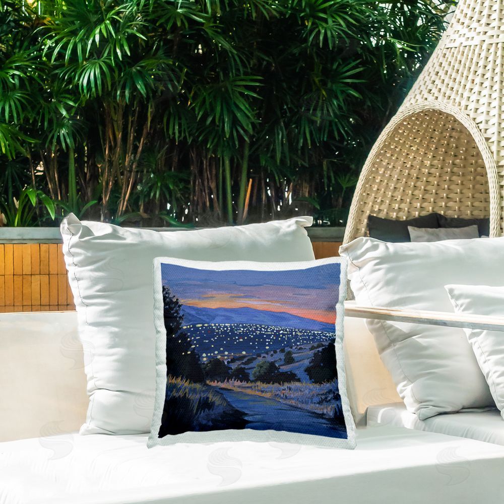 Kate Jarvik Birch Desert City Lights At Dusk Outdoor Printed Throw Pillow on Patio