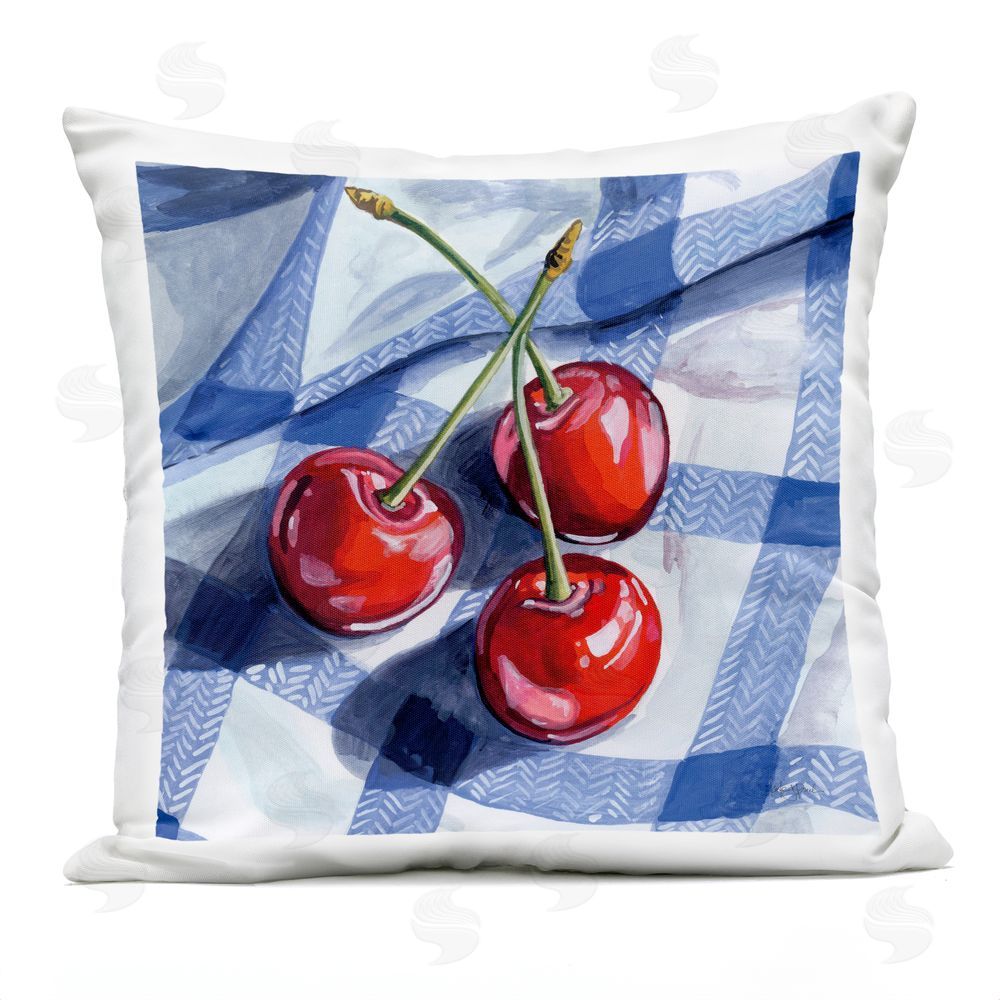 Kate Jarvik Birch Three Picnic Cherries on Gingham Outdoor Printed Throw Pillow