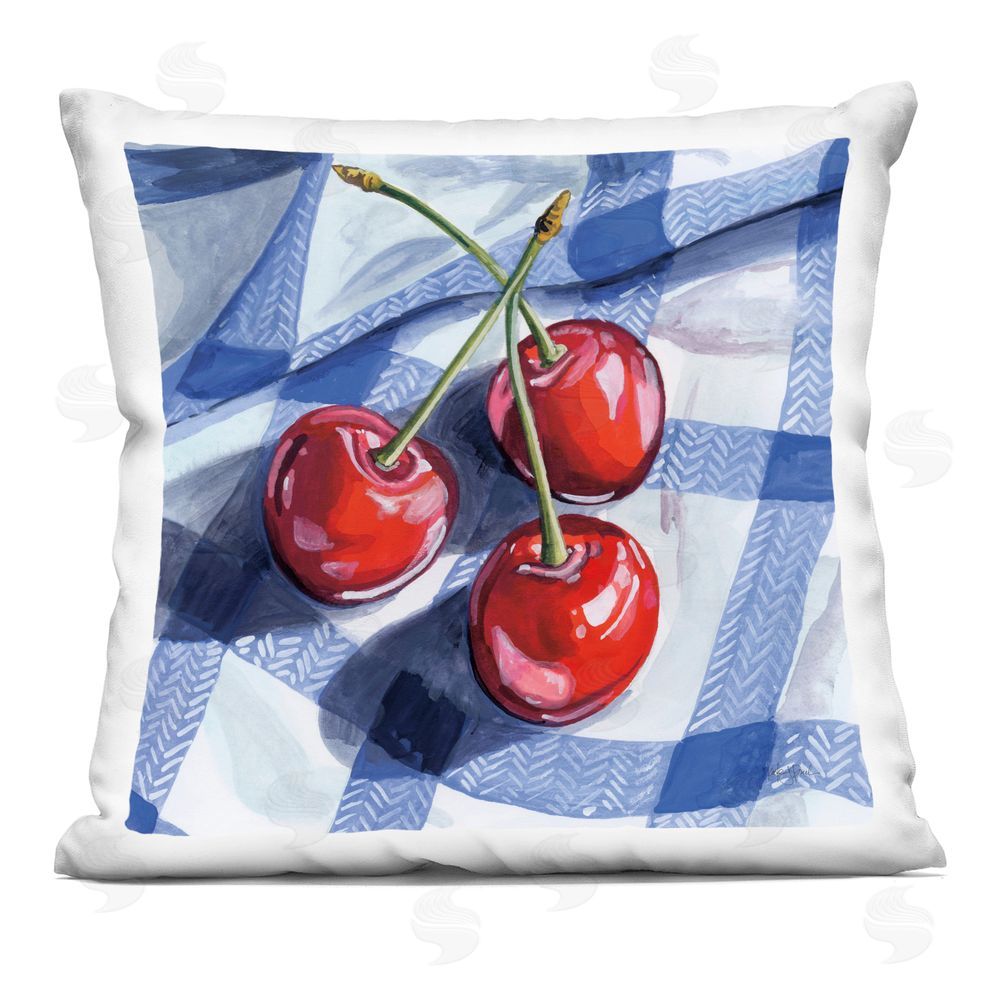 Kate Jarvik Birch Three Picnic Cherries on Gingham Printed Throw Pillow