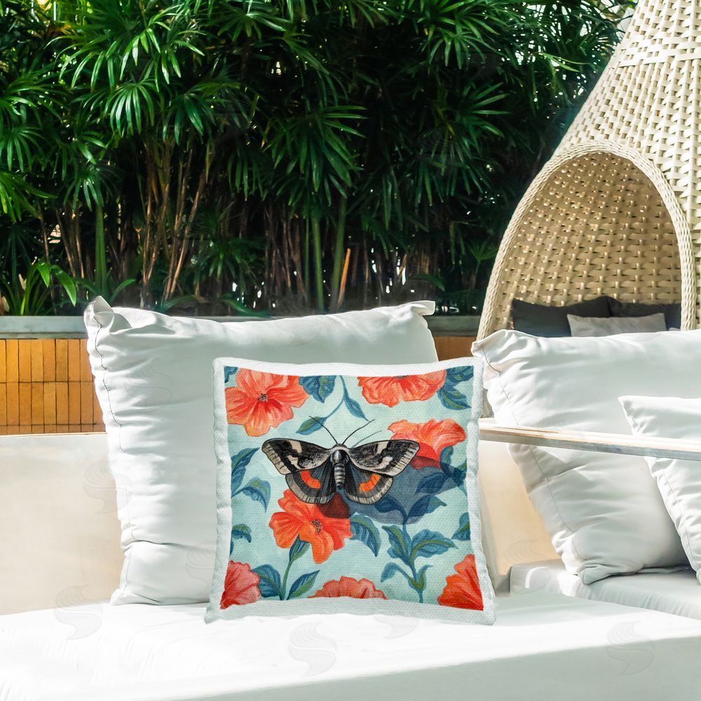 Kate Jarvik Birch Academia Moth On Floral Outdoor Printed Throw Pillow on Patio