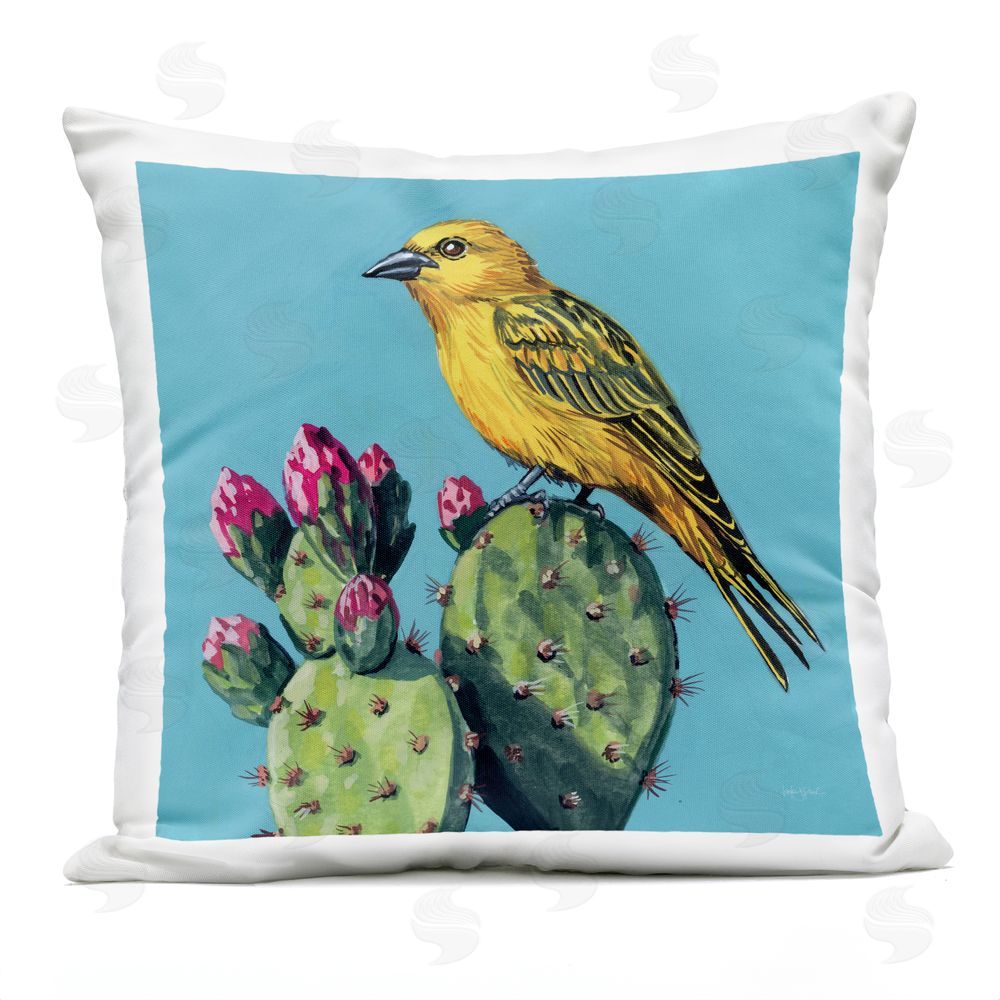 Kate Jarvik Birch Yellow Bird on Cacti Bloom Outdoor Printed Throw Pillow