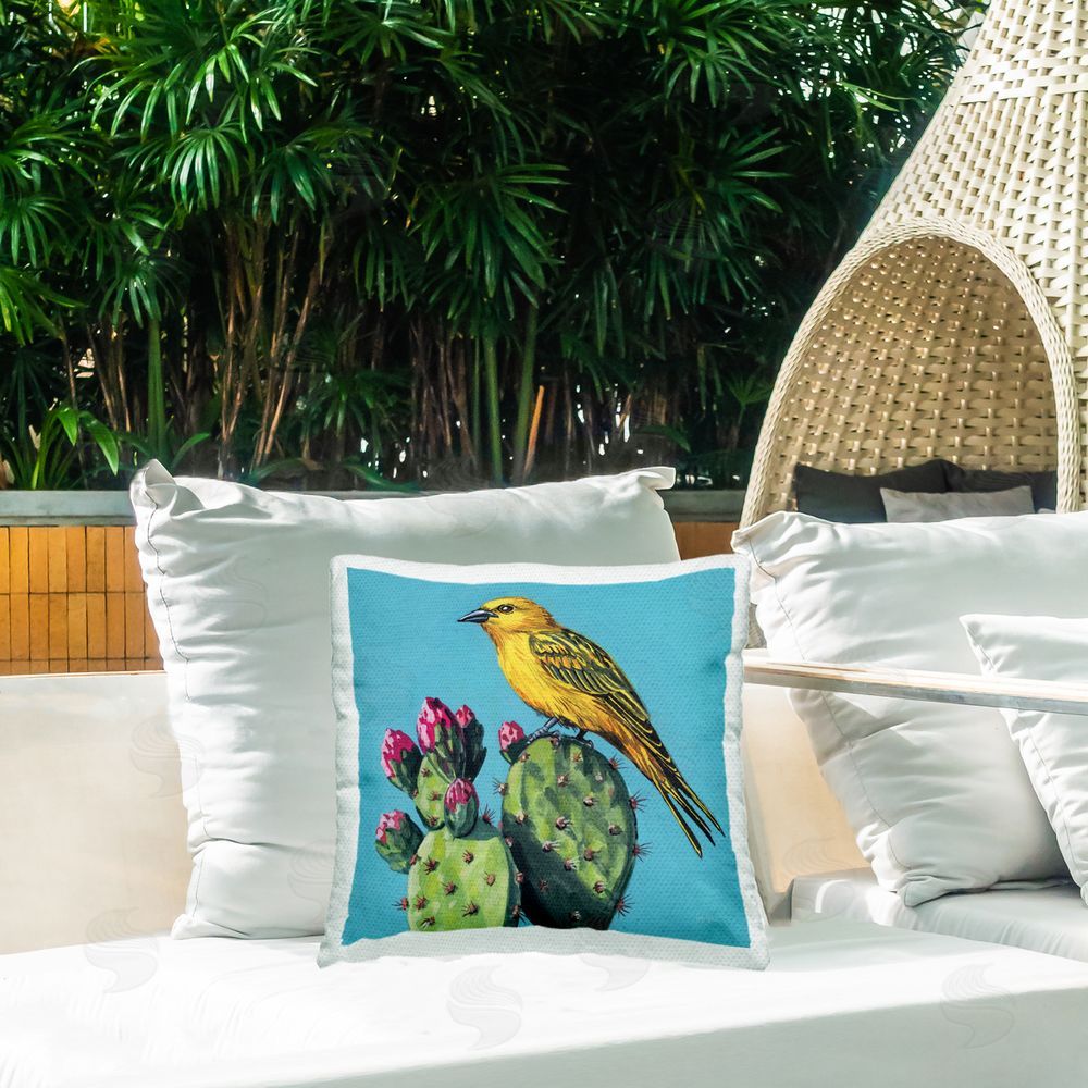 Kate Jarvik Birch Yellow Bird on Cacti Bloom Outdoor Printed Throw Pillow on Patio