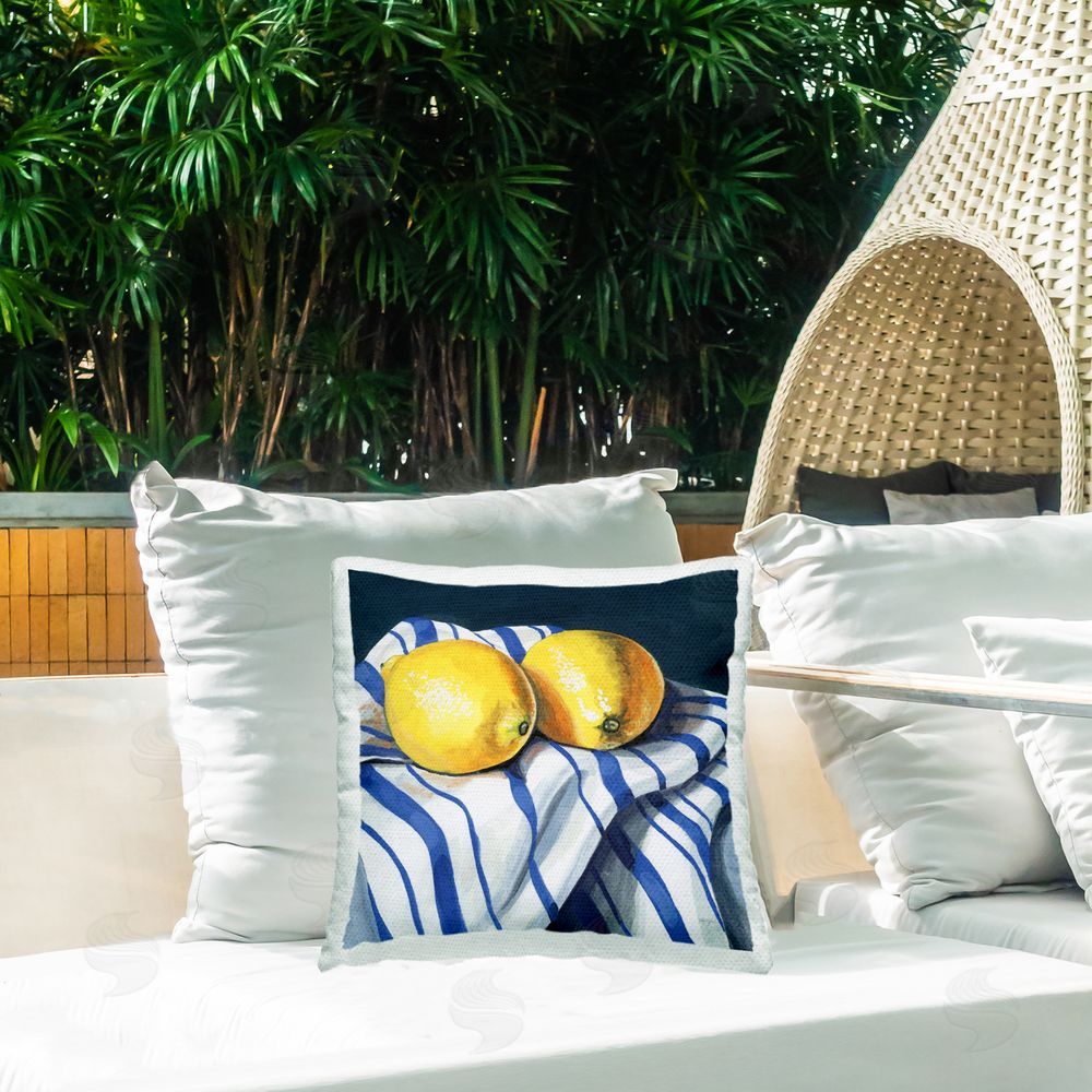Kate Jarvik Birch Fresh Kitchen Lemons on Dishtowel Outdoor Printed Throw Pillow on Patio