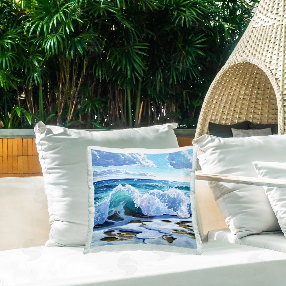 Kate Jarvik Birch Curling Aqua Wave on Shore Outdoor Printed Throw Pillow on Patio