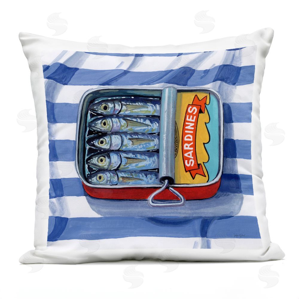 Kate Jarvik Birch Sardines On Striped Cloth Outdoor Printed Throw Pillow