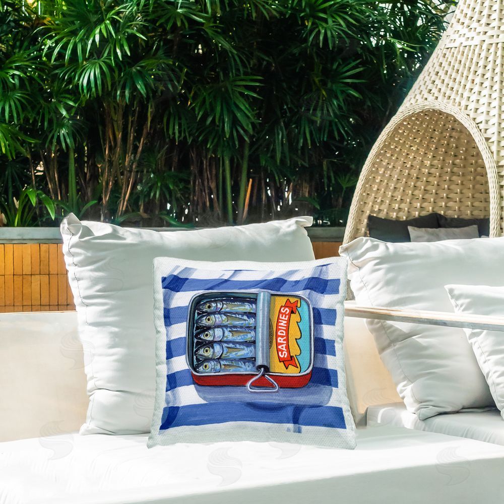 Kate Jarvik Birch Sardines On Striped Cloth Outdoor Printed Throw Pillow on Patio