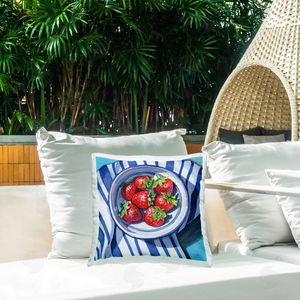 Kate Jarvik Birch Fresh Picked Kitchen Strawberries Outdoor Printed Throw Pillow on Patio