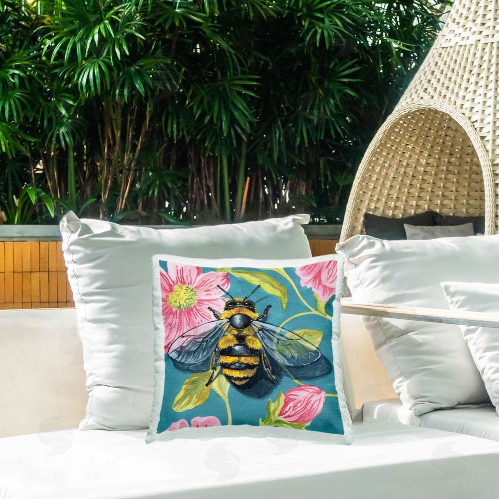 Kate Jarvik Birch Fuzzy Bee On Floral Pattern Outdoor Printed Throw Pillow on Patio