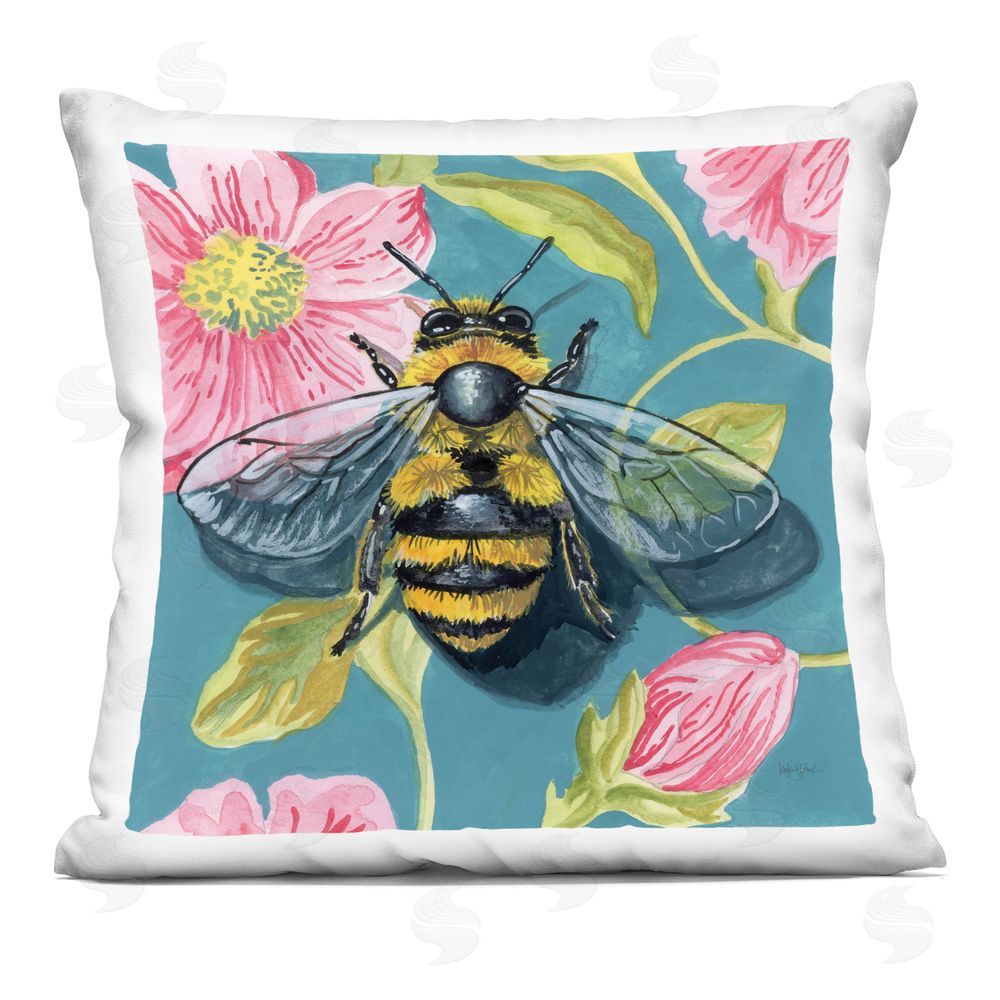 Kate Jarvik Birch Fuzzy Bee On Floral Pattern Printed Throw Pillow