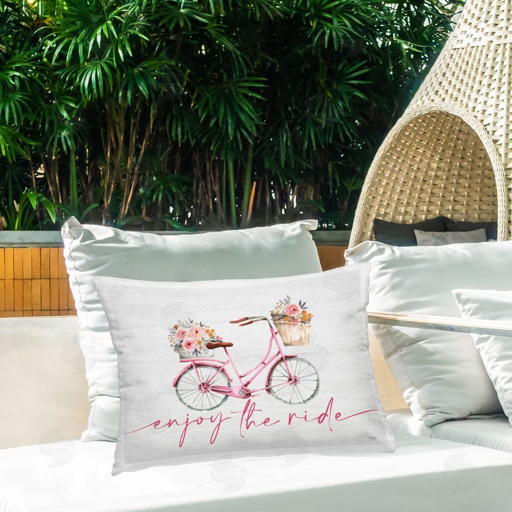 Lux + Me Designs Enjoy The Ride Bicycle Printed Throw Pillow on Patio