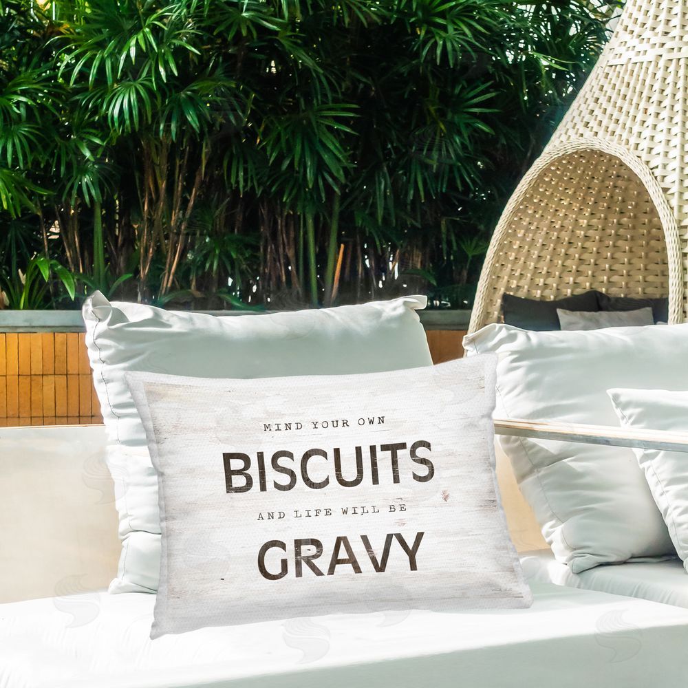 Cindy Jacobs Mind Your Biscuits Life Is Gravy Printed Throw Pillow on Patio