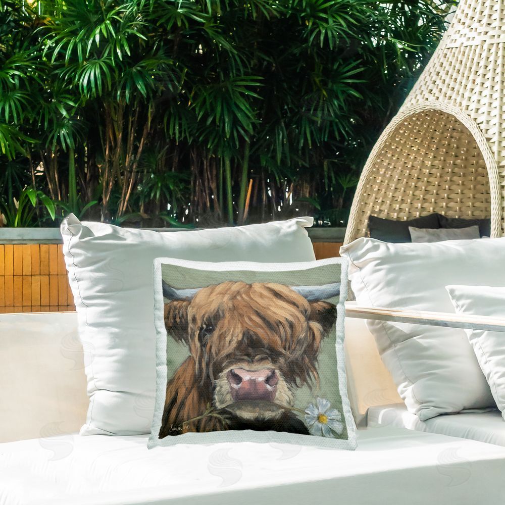 Sara G. Designs Blossom Babe Cattle Outdoor Printed Throw Pillow on Patio