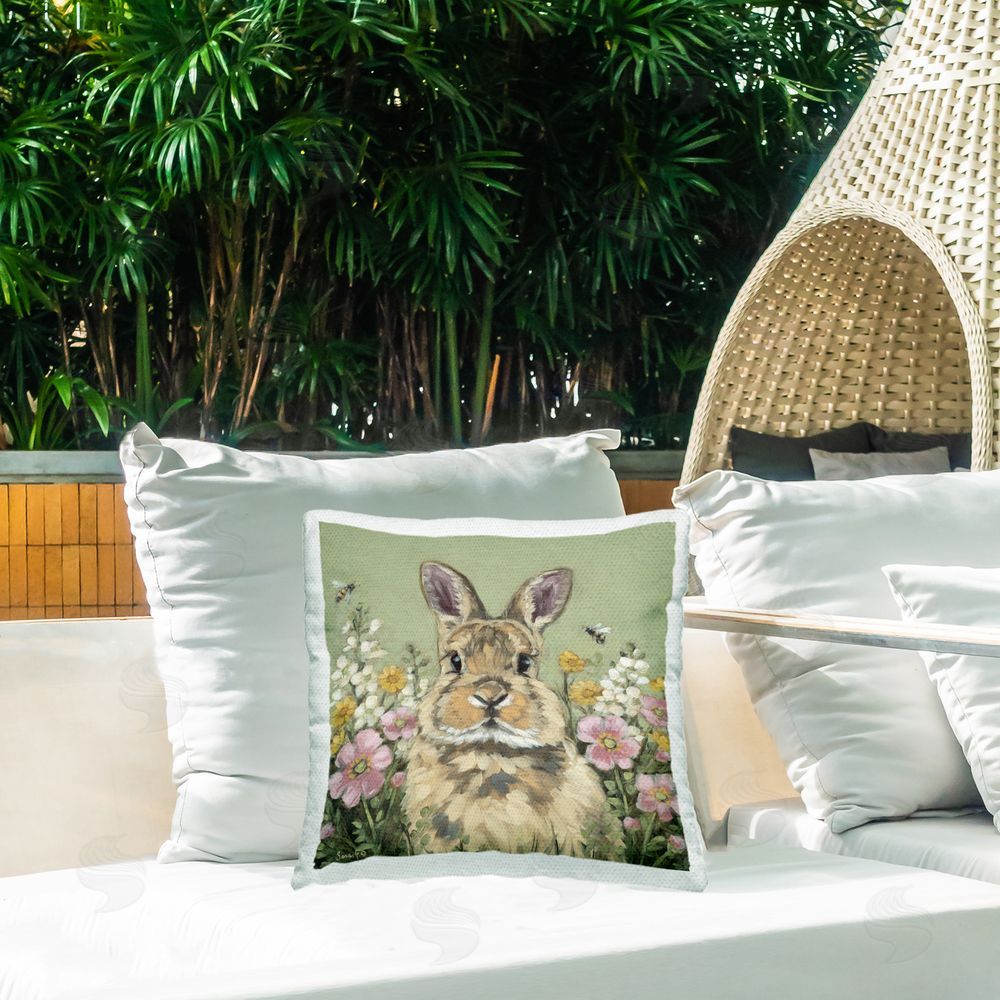 Sara G. Designs Spring Abloom Rabbit Outdoor Printed Throw Pillow on Patio