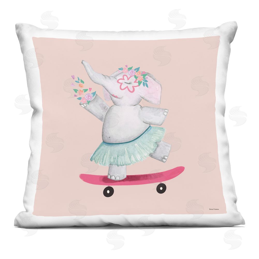Rachel Nieman Skateboarding Elephant with Flowers Printed Throw Pillow