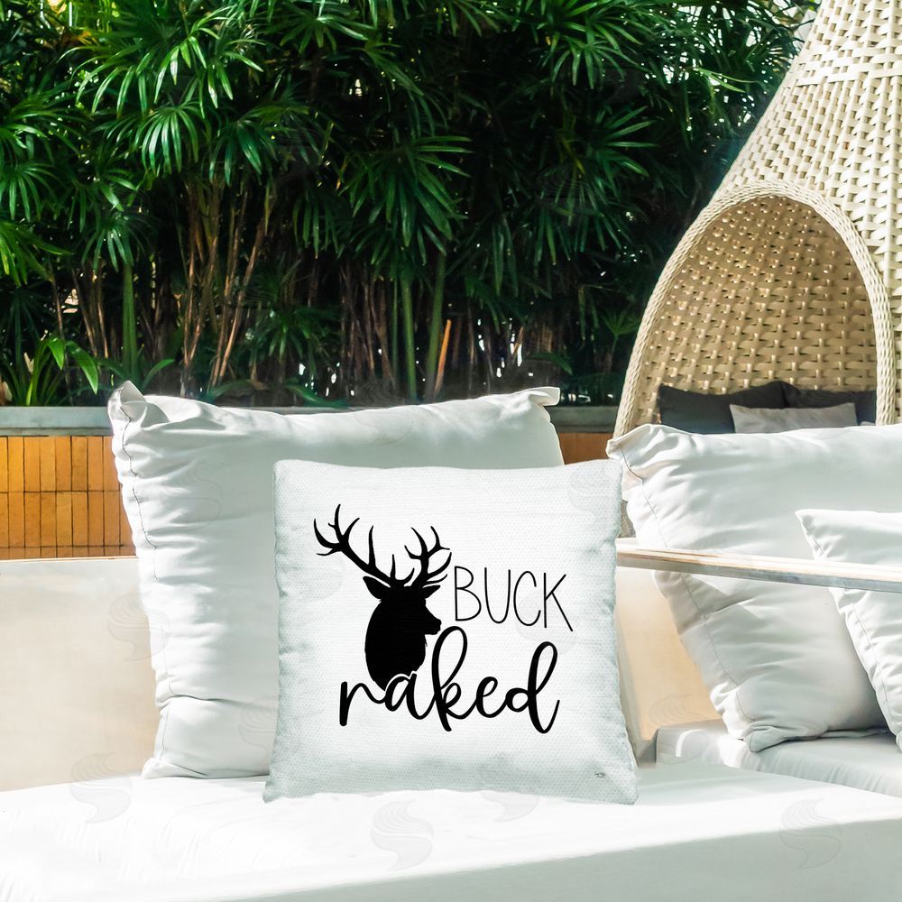 Lux + Me Designs Buck Naked Silhouette Outdoor Printed Throw Pillow on Patio