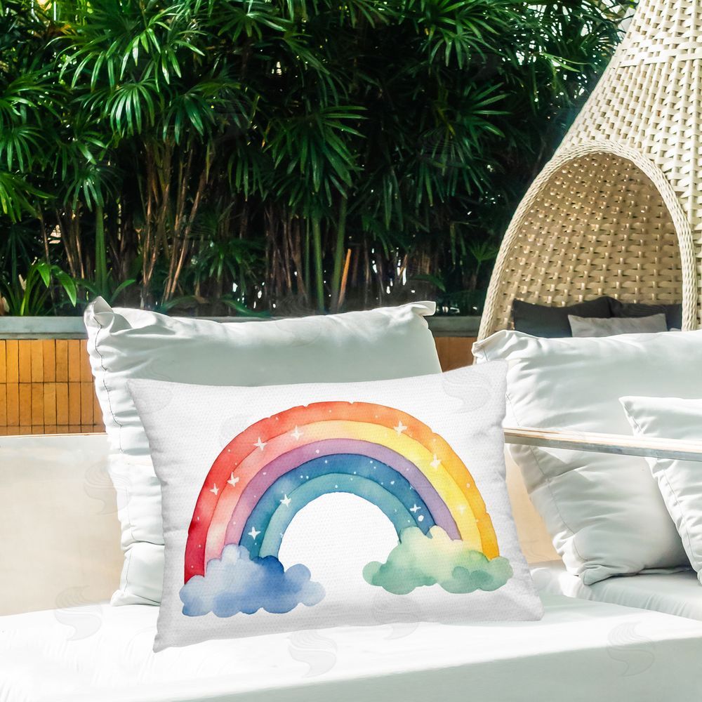 Creative Studio Colorful Rainbow with White Stars Printed Throw Pillow on Patio